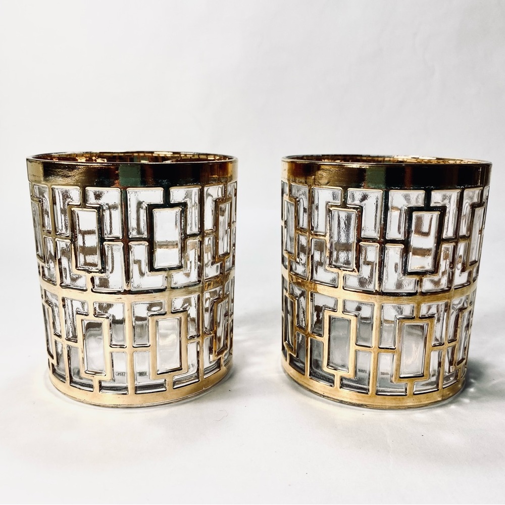 2 Vintage MCM Imperial Glass "Shoji" Trellis Pattern 22K Gold Drinking Glasses